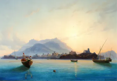 View of Italy with fishermen in their boats off the coast