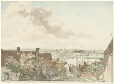 View of Nijmegen with a Ferryboat on the River