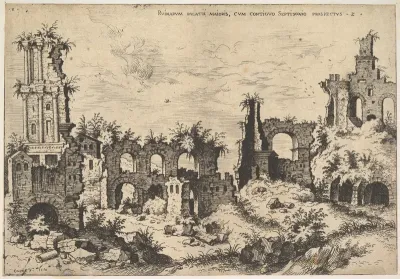View of ruins on the Palatine Hill with trabeated facade at left and arcades at center, from "The Ruins of Rome" (Praecipua aliquot Romanae antiquitatis ruinarum monimenta, vivis prospectibus)