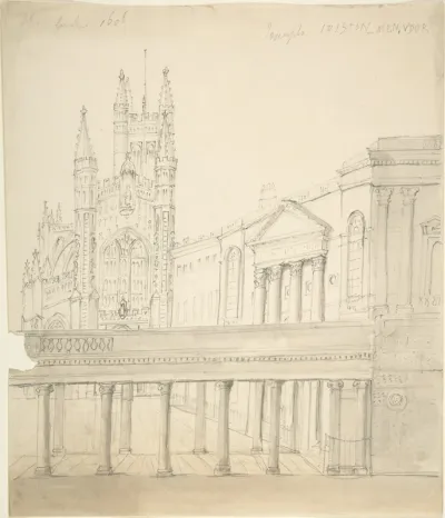 View of the Abbey and Great Pump Room at Bath, Through the Colonnade Added by Thomas Baldwin, 1786-9