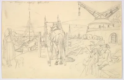 View of the Alter Kranen in Würzburg; verso: Study of Three Soldiers and Two More Figures