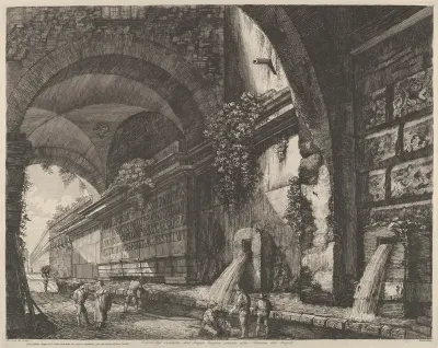 View of the ancient aquaduct and fountains situated near the Chiavica del Bufalo in Rome, from "Le Antichita di Roma"