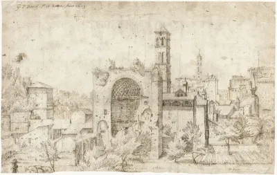 View of the apse of the Temple of Venus and Roma and the convent of S. Maria Nova, Rome
