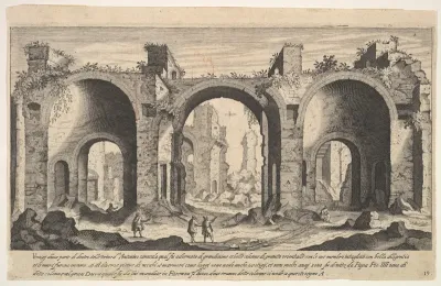 View of the Baths of Caracalla, indicating with inscribed letter 'A' the places from which columns were reportedly taken by Pope Pius IV to be sent to the Grand Duke of Florence, plate 19 from "Ruins of the antiquity of Rome, Tivoli, Pozzuoli, and ot