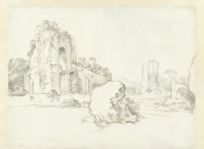 View of the Baths of Caracalla, Rome, with a Large Boulder in the Foreground / verso: View of Classical Ruins