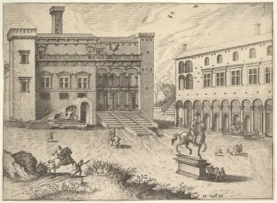 View of the Campidoglio on the Capitoline Hill, with equestrian statue at lower right, from "The Small book of Roman ruins and buildings" (Operum antiquorum romanorum)