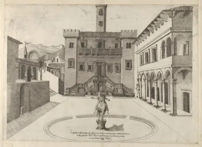 View of the Capitoline Hill during Michelangelo's restoration, the equestrian monument of Marcus Aurelius in the center, from "Speculum Romanae Magnificentiae"