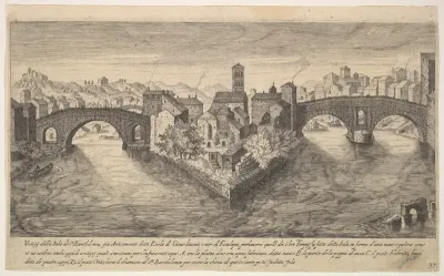 View of the church of San Bartolomeo all'Isola on Tiber Island, Rome, flanked by bridges, plate 37 from "Ruins of the antiquity of Rome, Tivoli, Pozzuoli, and other places" (Vestigi della antichità di Roma, Tivoli, Pozzvolo et altri luochi)