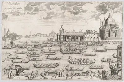 View of the church of Santa Maria della Salute in Venice, a regatta taking place on the canal