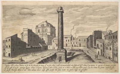 View of the column of Trajan, shown with its pedestal dug out from the earth, surrounded by buildings at the base of the Quirinal Hill, Rome, plate 31 from "Ruins of the antiquity of Rome, Tivoli, Pozzuoli, and other places" (Vestigi della antichità 