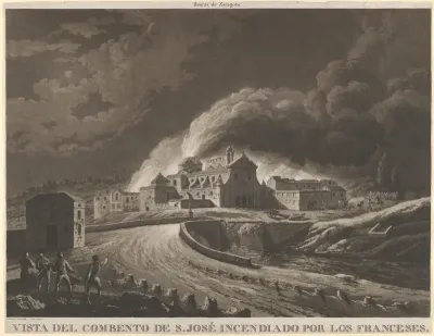 View of the Convent of San José in Saragossa set alight after bombing by the invading French army during the Napoleonic war in Spain