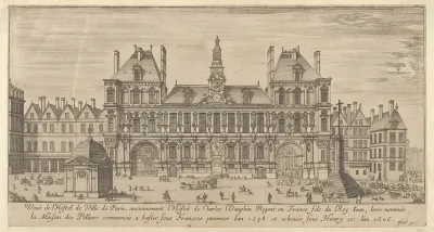 View of the façade of the Hôtel de Ville, Paris, in the foreground a cross on a stepped platform and a freestanding domed building