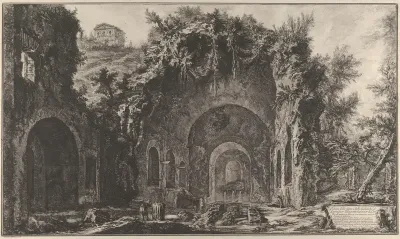 View of the fountainhead and the Grotto of Egiria outside the Porta Capena, from "Vedute di Roma"