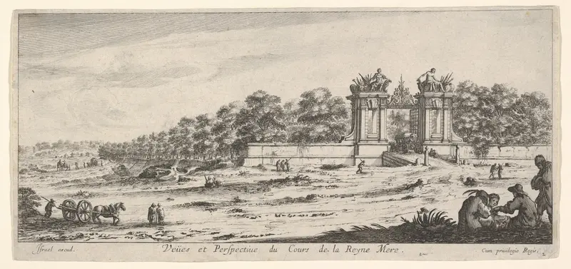 View of the gate of the residence of the Queen Mother, from "Views and new perspectives, drawn from the most beautiful places of Paris and environs" (Veües et perspectives nouvelles, tirées sur les plus beaux lieux de Paris et des environs)