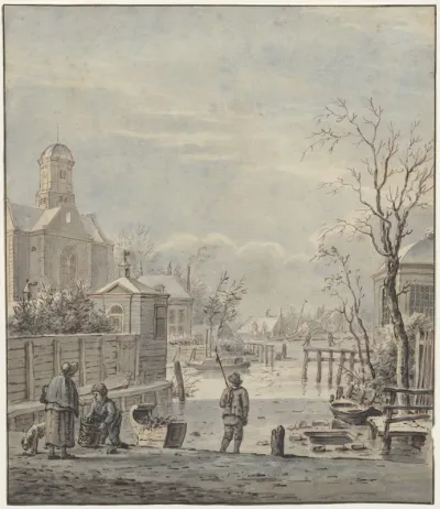 View of the harbor of Ouderkerk aan de Amstel in wintertime