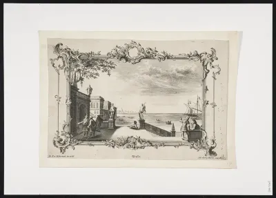 View of the harbour in a frame of foliage and cartouches