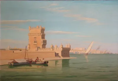 View of the harbour of Lisbon and Torre Belem.