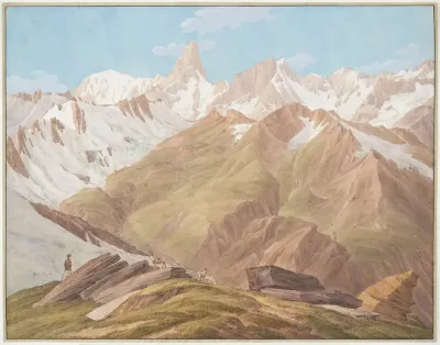 View of the Massif of Mont Blanc near the "Petit Jorasse, Grand Jorasse, le Géant" with the "Glaciers des Périades et Jorasse" and the "Glacier de la Venval" as seen from the "Col de Fenêtre près du Gd. St. Bernard"