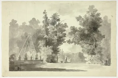 View of the Park at Versailles: Arch of Ladders with Plants; Statuary