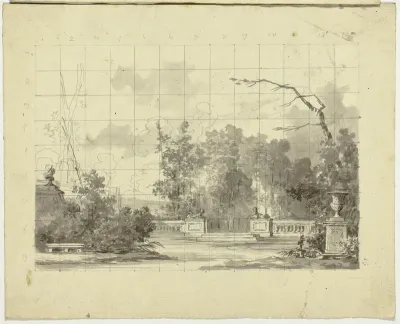 View of the Park at Versailles: Balustrade with Two Sphinxes Urn