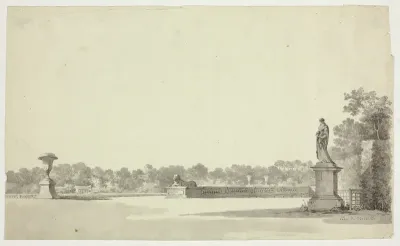 View of the Park at Versailles: Terrace with Urn, Sphinx and Female Statue