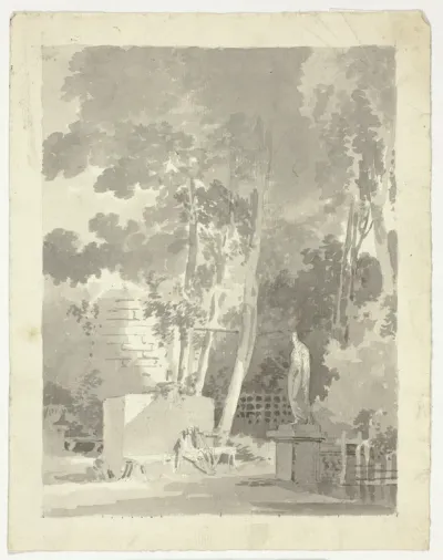 View of the Park at Versailles: Two Figures on a Bench in a Clearing, Female Statue Nearby
