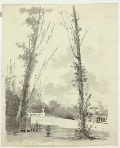 View of the Park at Versailles: Two Poplar Trees with Balustraded Walk in Background