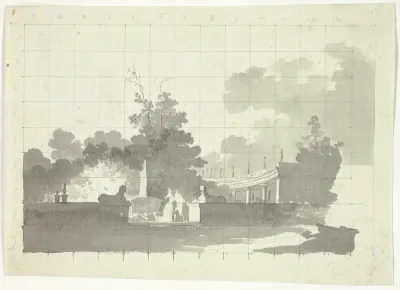 View of the Park at Versailles: Two Sphinxes and a Couple Near a Collonade