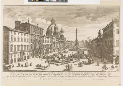 View of the Piazza Navona, Rome, with the church of St Agnese at left and Bernini's fountain in the middle