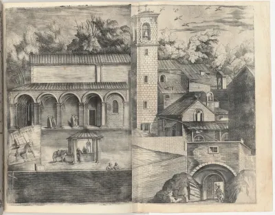 View of the Quadrant: the Main Door, the Square, the Church and the Loggia of the Monastery of the Monte della Vernia (Prospettiva dell'ingresso della prima porta, con la Piazza, Chiesa, & Loggie del Monastero del Monte della Vernia, come sta quest'A