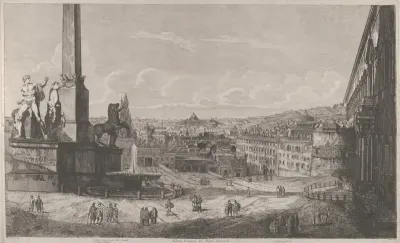 View of the Quirinal Hill in Rome with the fountain of the horse tamers at left, from "Le Antichita di Roma"
