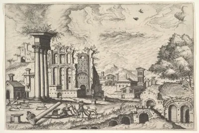 View of the Roman Forum, looking toward the Palatine Hill, from "The Small book of Roman ruins and buildings" (Operum antiquorum romanorum)