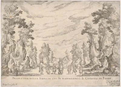 View of the scene in which is represented the Judgment of Paris (Prospettiva della scena in cui si rappresentò il Giuditio do Paride), from "Seven Interludes for the wedding celebration of Cosimo de' Medici in Florence, 1608"