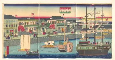 View of the Seafront in Yokohama (Yokohama Kagandori no fūkei) — Utagawa Hiroshige III Kanvas Tablo