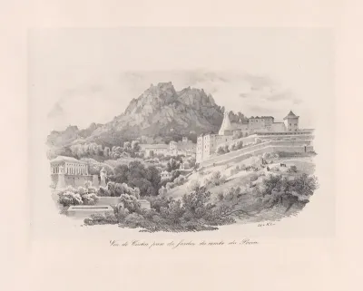 View of the Sintra from the garden of the Comte de Povoa, National Palace in the background
