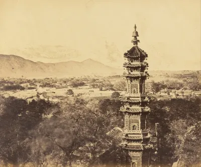View of the Summer Palace. Yuan Ming Yuan Pagoda. Before the Burning, Pekin, October 18