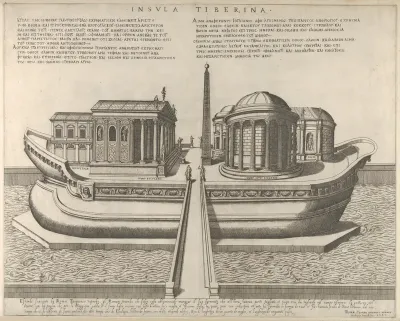 View of the Tiber Island represented as a ship, the Temple of Aesculapius at left