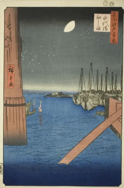 View of Tsukuda Island from Eitai Bridge (Eitaibashi Tsukudajima), from the series "One Hundred Famous Views of Edo (Meisho Edo hyakkei)"