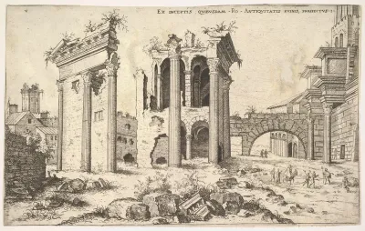 View of unidentified ruins with trabeated facade at left, arcades at center, and arch at right, from "The Roman Ruins" (Praecipua aliquot Romanae antiquitatis ruinarum monimenta, vivis prospectibus)