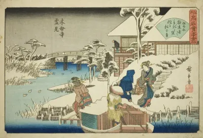Viewing Snow at the Uekiya Restaurant at Mokubo Temple (Mokuboji yukimi, Uekiya) from the series "Famous Restaurants of Edo (Edo komei kaitei zukushi)"