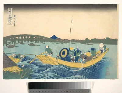 Viewing the Sunset over Ryōgoku Bridge from the Onmaya Embankment (Onmayagashi yori Ryōgokubashi sekiyō o miru), from the series Thirty-six Views of Mount Fuji (Fugaku sanjūrokkei)