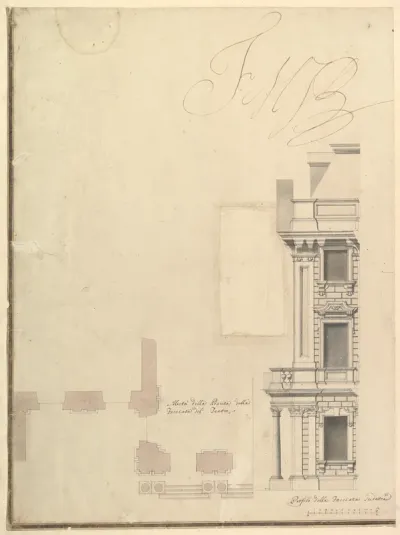 Views of a Theater (Bayreuth): Profile View of Facade and Half of the Plan