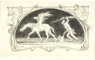 Vignet med en udslidt Pegasus for en plov, der drives frem af en mand med høj hat, bevæbnet med en stor pen