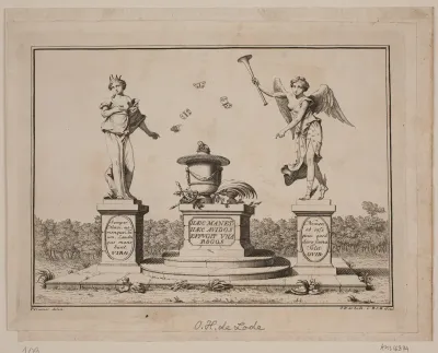 Vignet med en Vase og to Statuer