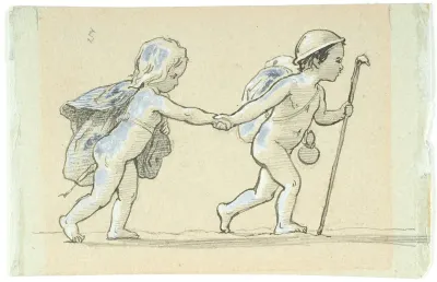 Vignet med gående dreng og pige, der holder hinanden i hånden