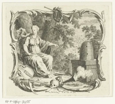 Vignet met allegorie met symbolen van overvloed en vergankelijkheid