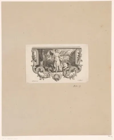 Vignet met allegorische scène over overwinning