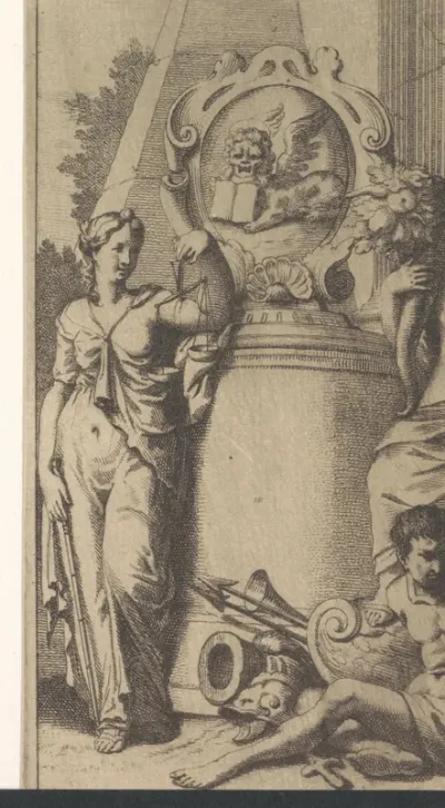 Vignet met Apollo en vrouwelijke allegorische figuur