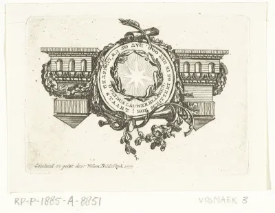 Vignet met architraaf en medaillon met ster en guirlande van eikenblad