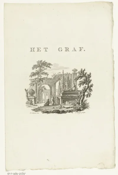Vignet met begraafplaats met monumentale grafmonumenten